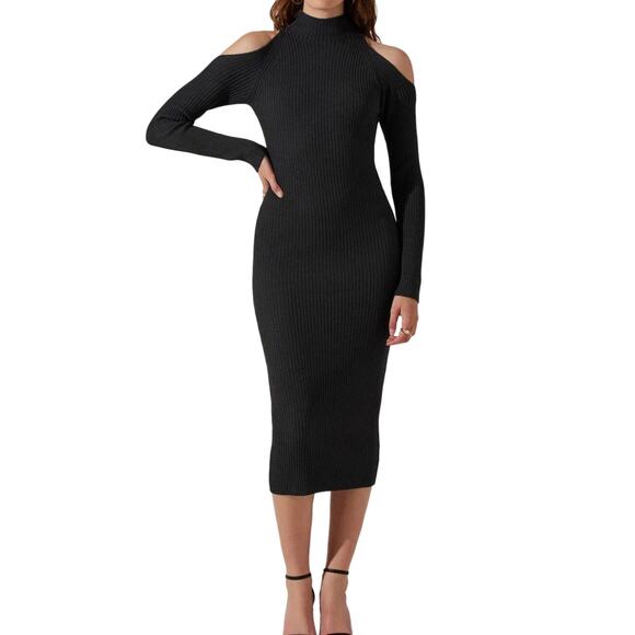 ASTR Charcoal Gray Cold Shoulder Mock Neck Bodycon Midi Sweater Dress Small NWT - Picture 1 of 14